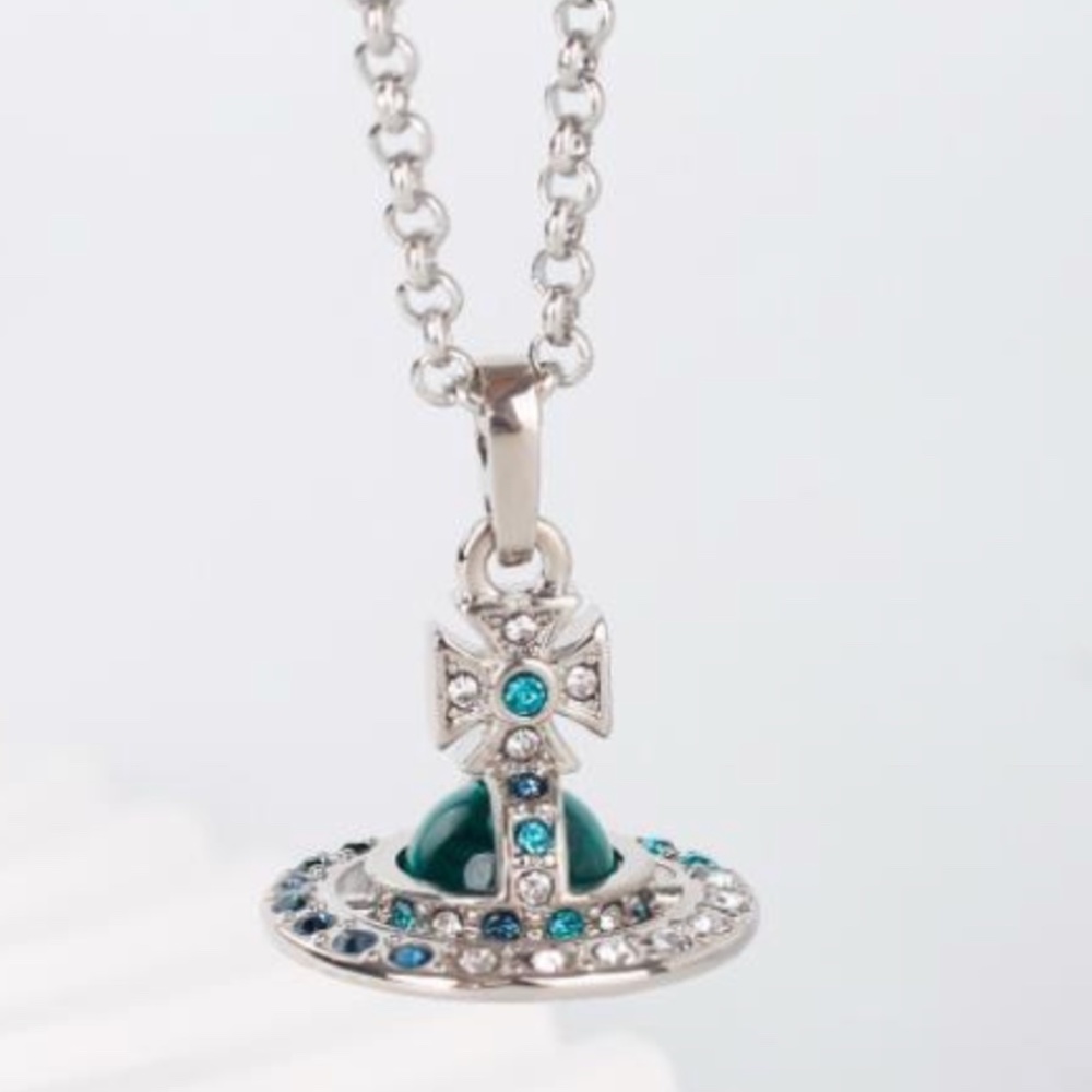 Vivienne Westwood Silver Orb Pendant Necklace with Teal and Blue Stones